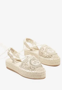 Beżowe Wiązane Espadryle Ażurowe na Plecionej Podeszwie Talea