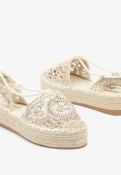 Beżowe Wiązane Espadryle Ażurowe na Plecionej Podeszwie Talea