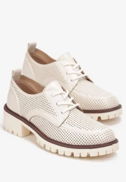 Beżowe Wiązane Półbuty z Cholewką z Perforacją i Skórzaną Wkładką Cathelyne