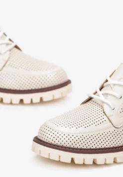 Beżowe Wiązane Półbuty z Cholewką z Perforacją i Skórzaną Wkładką Cathelyne