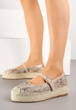 Beżowe Wężowe Espadryle z Plecionką i Paskiem Fevolise