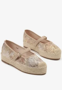 Beżowe Wężowe Espadryle z Plecionką i Paskiem Fevolise