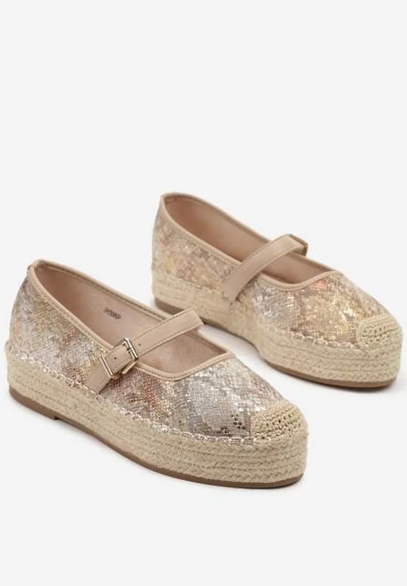 Beżowe Wężowe Espadryle z Plecionką i Paskiem Fevolise