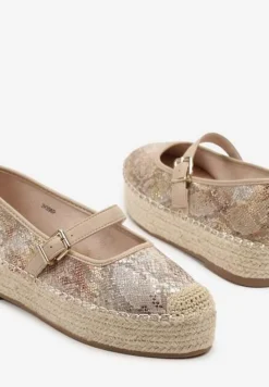 Beżowe Wężowe Espadryle z Plecionką i Paskiem Fevolise
