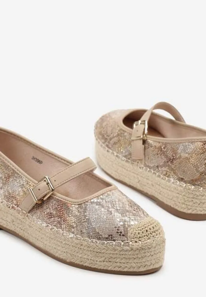 Beżowe Wężowe Espadryle z Plecionką i Paskiem Fevolise