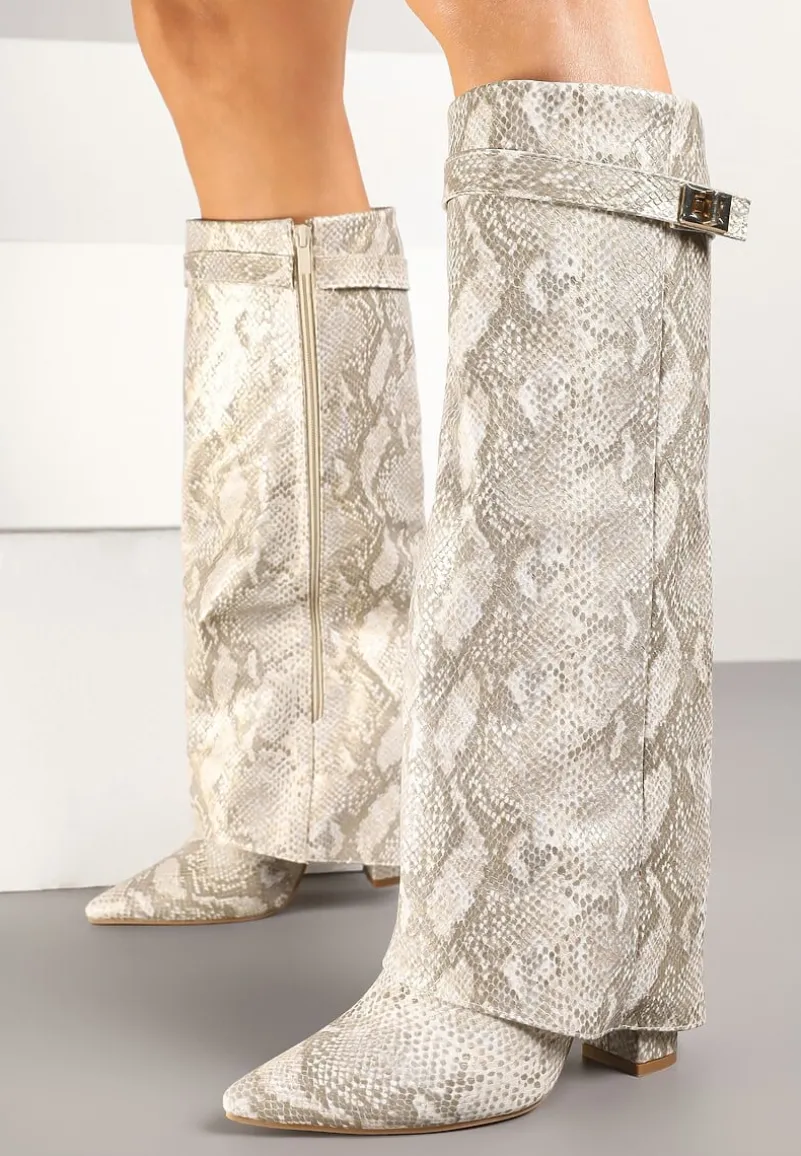 Beżowe Wężowe Kozaki na Słupku z Cholewką Imitującą Nogawkę Ceniffia