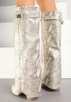 Beżowe Wężowe Kozaki na Słupku z Cholewką Imitującą Nogawkę Ceniffia