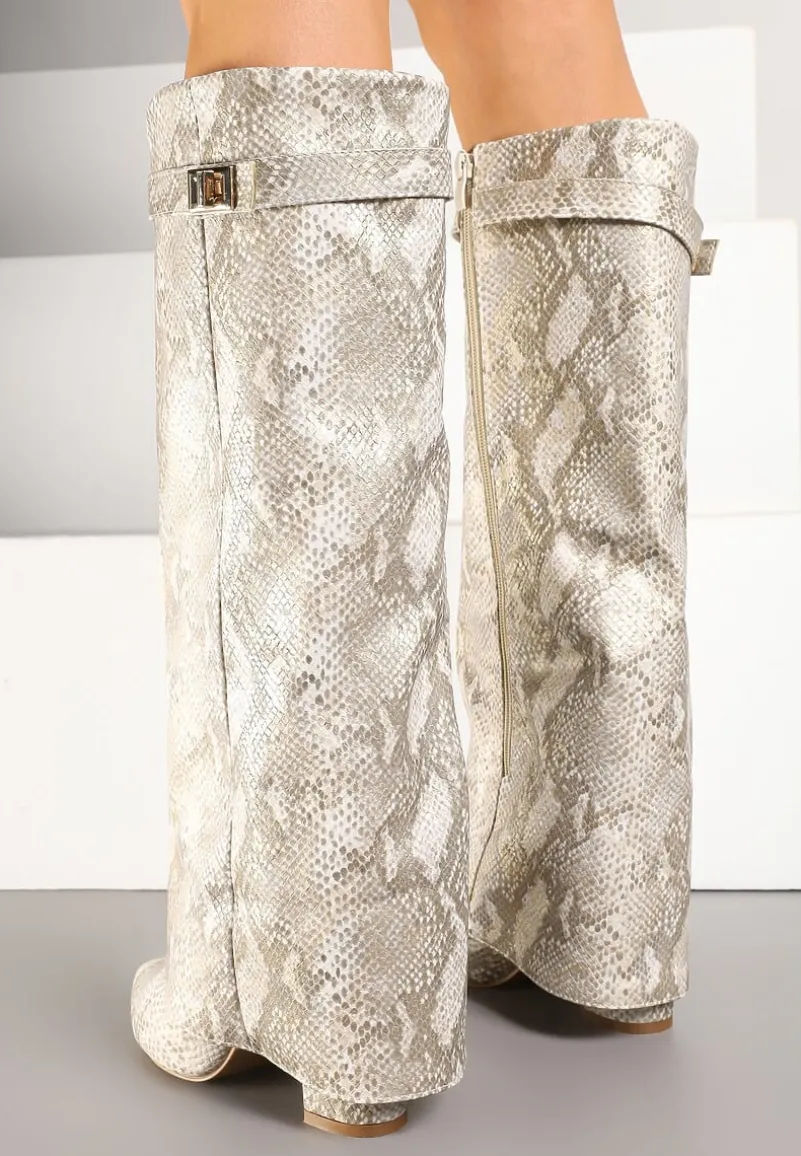 Beżowe Wężowe Kozaki na Słupku z Cholewką Imitującą Nogawkę Ceniffia