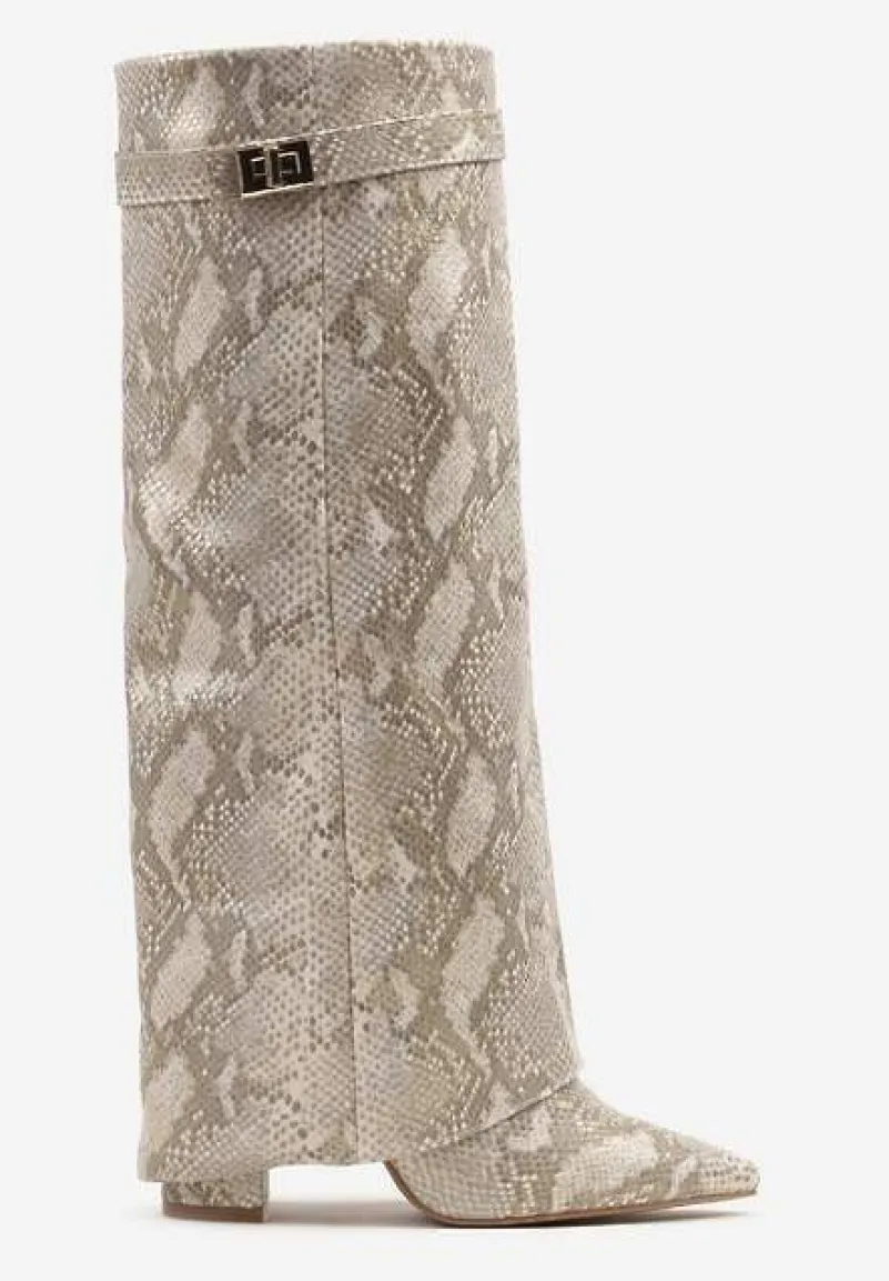 Beżowe Wężowe Kozaki na Słupku z Cholewką Imitującą Nogawkę Ceniffia