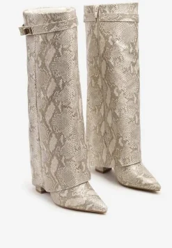 Beżowe Wężowe Kozaki na Słupku z Cholewką Imitującą Nogawkę Ceniffia