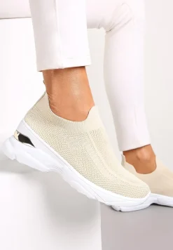 Beżowe Wsuwane Buty Sportowe ze Skarpetkową Cholewką na Ozdobnej Podeszwie Wylla