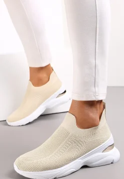 Beżowe Wsuwane Buty Sportowe ze Skarpetkową Cholewką na Ozdobnej Podeszwie Wylla