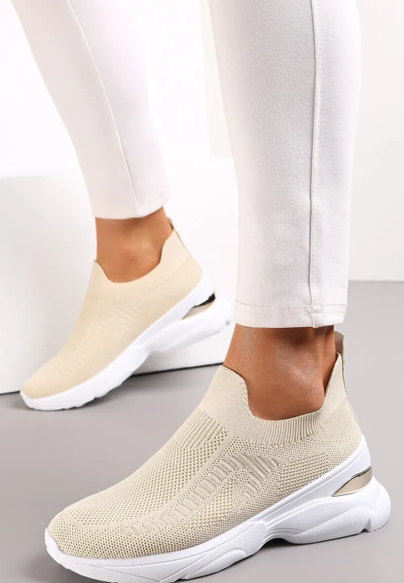 Beżowe Wsuwane Buty Sportowe ze Skarpetkową Cholewką na Ozdobnej Podeszwie Wylla