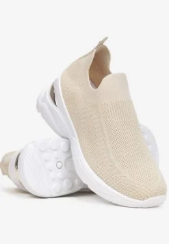 Beżowe Wsuwane Buty Sportowe ze Skarpetkową Cholewką na Ozdobnej Podeszwie Wylla