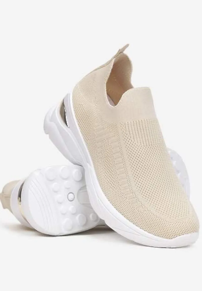 Beżowe Wsuwane Buty Sportowe ze Skarpetkową Cholewką na Ozdobnej Podeszwie Wylla