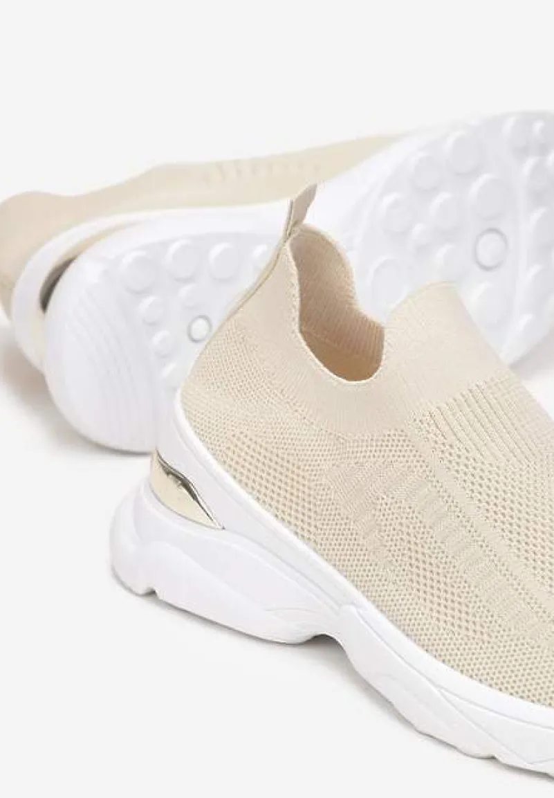 Beżowe Wsuwane Buty Sportowe ze Skarpetkową Cholewką na Ozdobnej Podeszwie Wylla