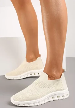Beżowe Wsuwane Buty Sportowe z Elastyczną Cholewką do Kostki Asigruna