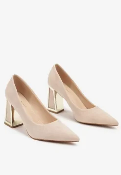 Beżowe Wsuwane Czółenka z Ekozamszu na Stożkowym Obcasie Nevinara