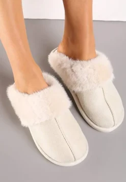 Beżowe Wsuwane Kapcie Ozdobione Futerkiem i Przeszyciami Almane