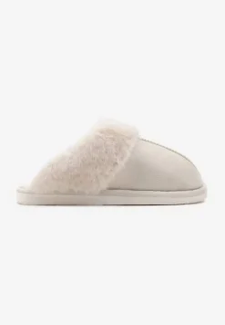 Beżowe Wsuwane Kapcie Ozdobione Futerkiem i Przeszyciami Almane