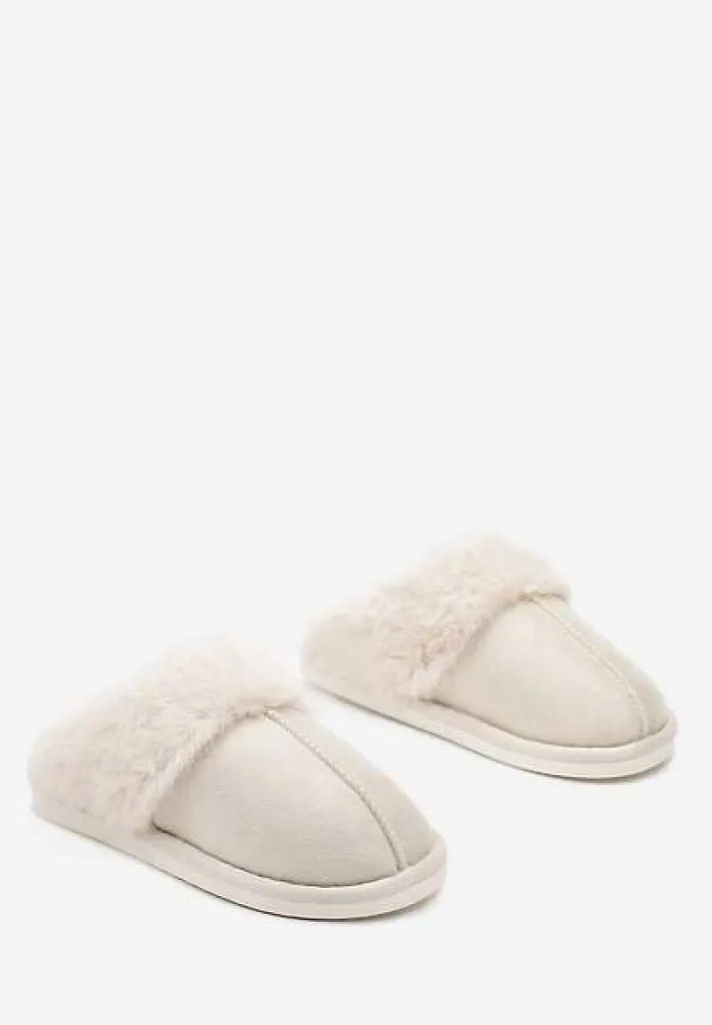 Beżowe Wsuwane Kapcie Ozdobione Futerkiem i Przeszyciami Almane