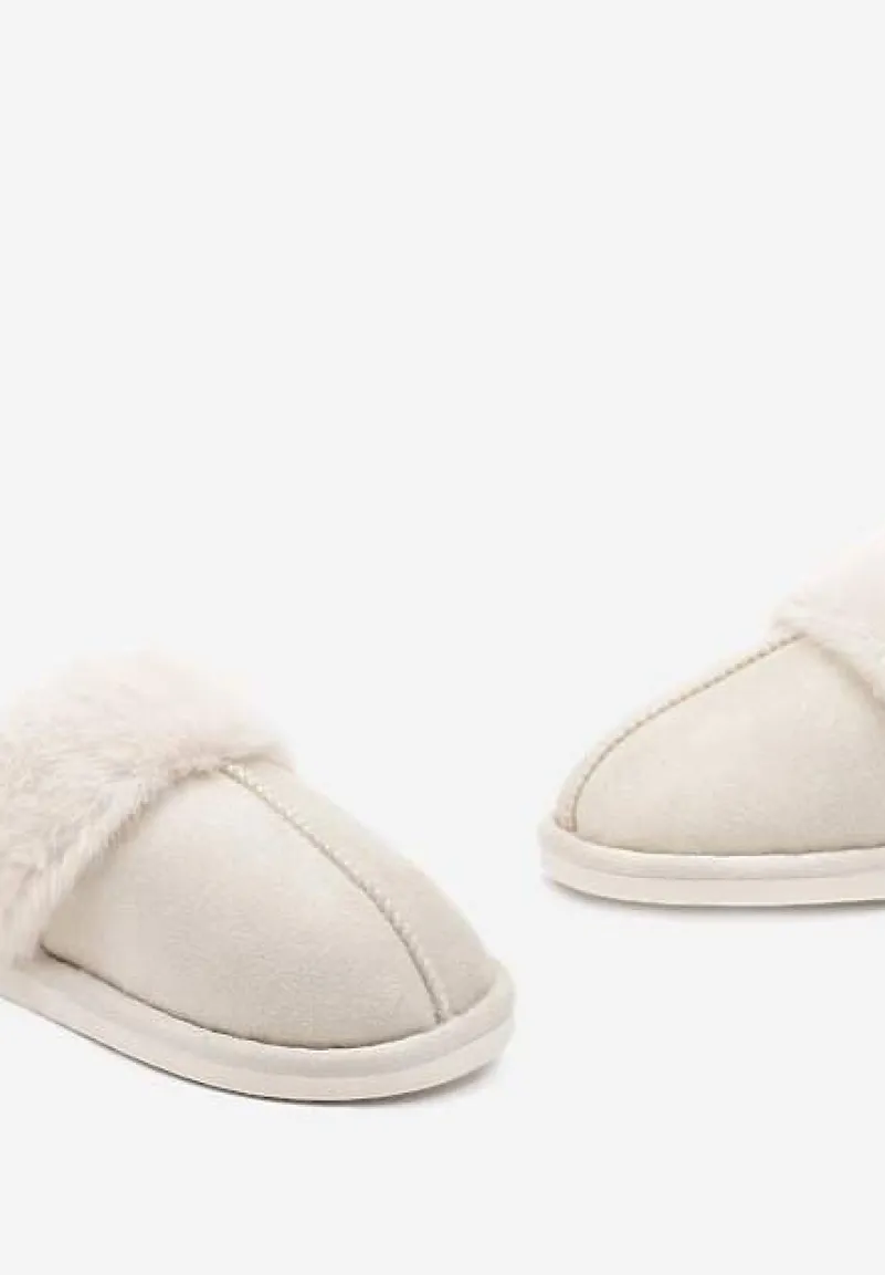 Beżowe Wsuwane Kapcie Ozdobione Futerkiem i Przeszyciami Almane