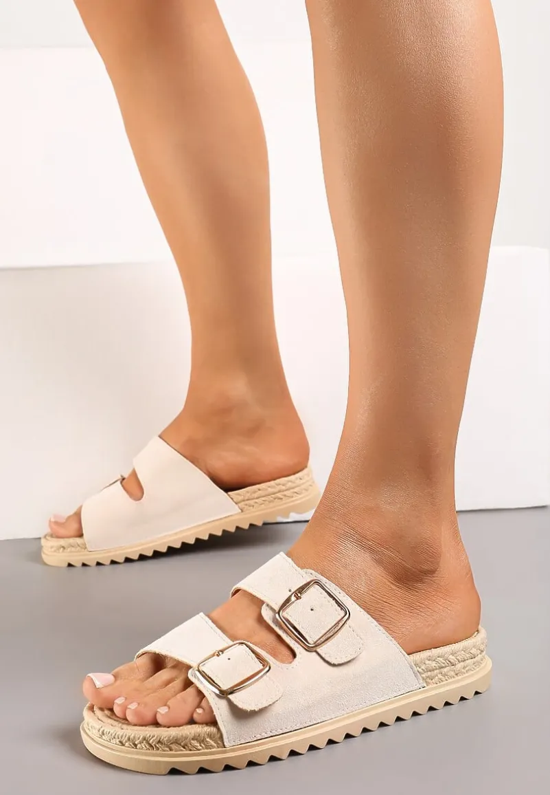 Beżowe Wsuwane Klapki z Ozdobnymi Klamrami na Paskach Iabeaus