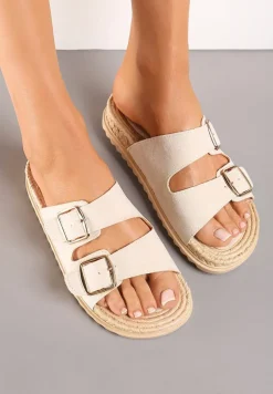 Beżowe Wsuwane Klapki z Ozdobnymi Klamrami na Paskach Iabeaus