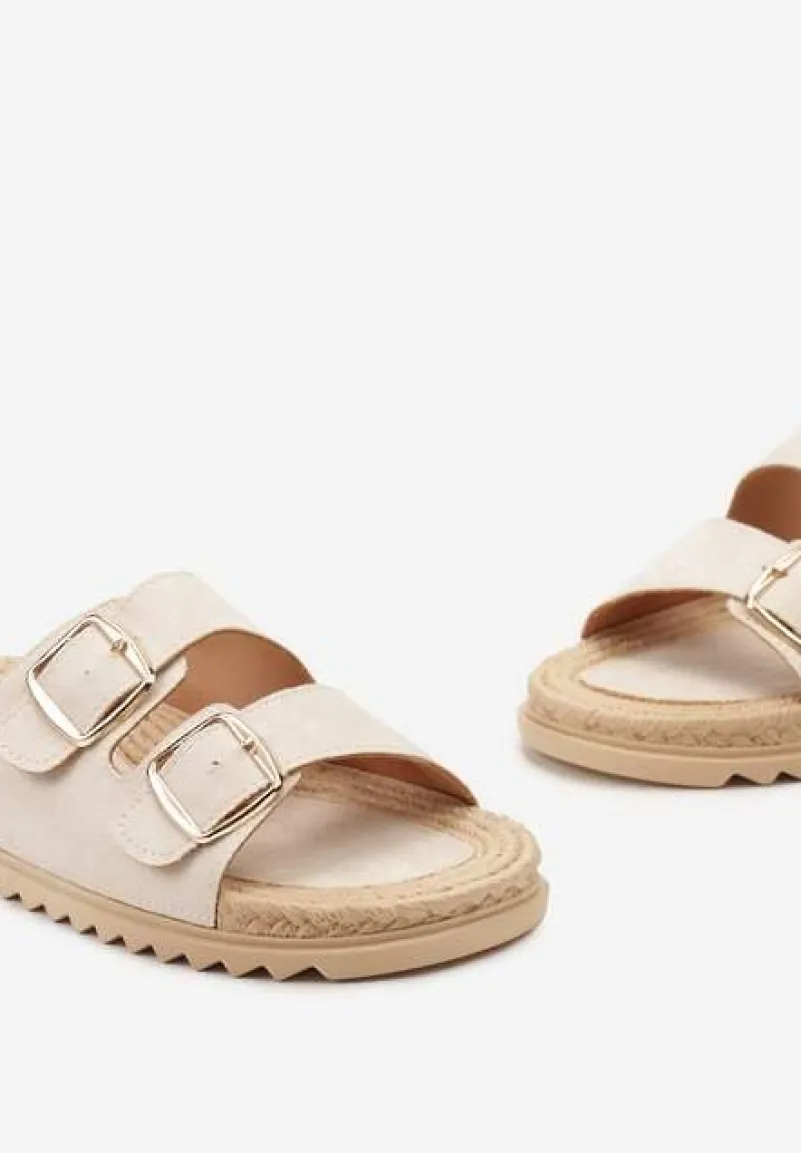 Beżowe Wsuwane Klapki z Ozdobnymi Klamrami na Paskach Iabeaus