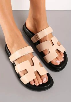 Beżowe Wsuwane Klapki z Zapieciem na Rzep Beriolla