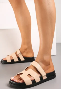 Beżowe Wsuwane Klapki z Zapieciem na Rzep Beriolla