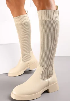 Beżowe Wsuwane Kozaki ze Skarpetkową Cholewką Przed Kolano na Grubej Podeszwie Miraple