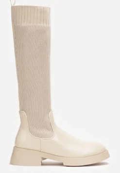 Beżowe Wsuwane Kozaki ze Skarpetkową Cholewką Przed Kolano na Grubej Podeszwie Miraple