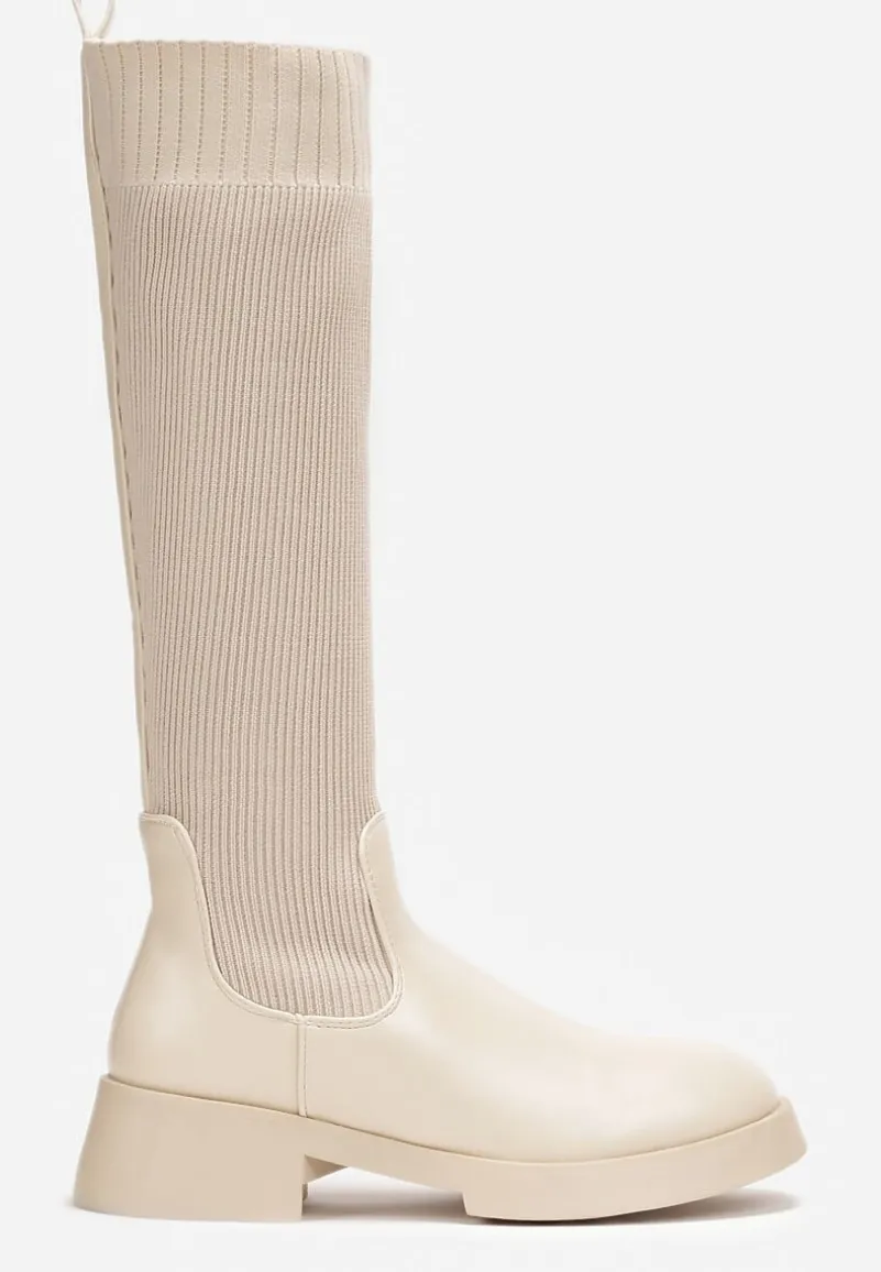 Beżowe Wsuwane Kozaki ze Skarpetkową Cholewką Przed Kolano na Grubej Podeszwie Miraple