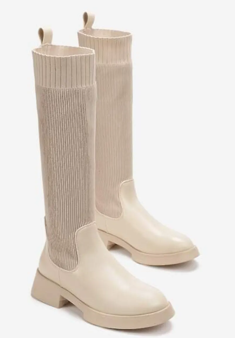 Beżowe Wsuwane Kozaki ze Skarpetkową Cholewką Przed Kolano na Grubej Podeszwie Miraple