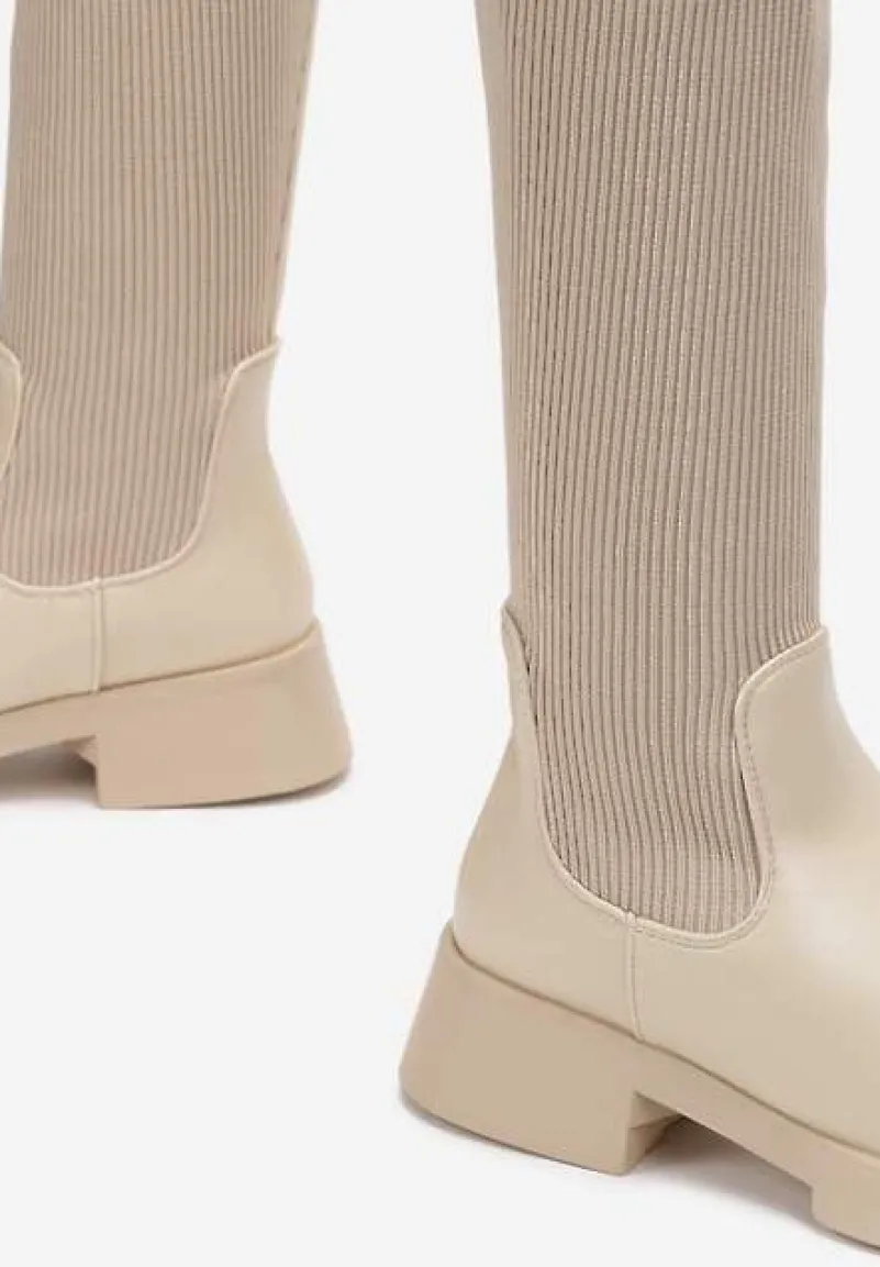 Beżowe Wsuwane Kozaki ze Skarpetkową Cholewką Przed Kolano na Grubej Podeszwie Miraple