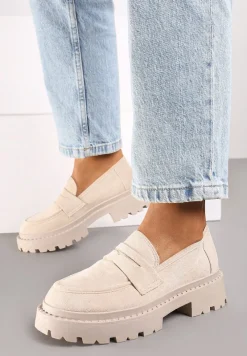 Beżowe Wsuwane Mokasyny na Płaskiej Grubej Podeszwie z Wkładką z Ekoskóry Dionela