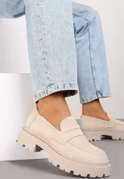 Beżowe Wsuwane Mokasyny na Płaskiej Grubej Podeszwie z Wkładką z Ekoskóry Dionela