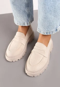 Beżowe Wsuwane Mokasyny na Płaskiej Grubej Podeszwie z Wkładką z Ekoskóry Dionela