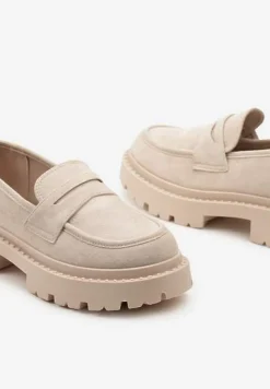 Beżowe Wsuwane Mokasyny na Płaskiej Grubej Podeszwie z Wkładką z Ekoskóry Dionela
