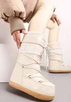 Beżowe Wsuwane Śniegowce na Platformie z Długą Cholewką Hearna