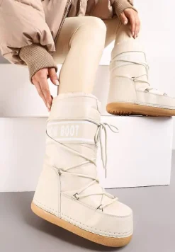 Beżowe Wsuwane Śniegowce na Platformie z Długą Cholewką Hearna