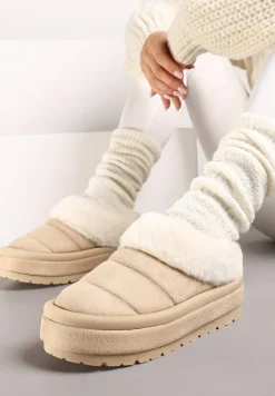 Beżowe Wsuwane Śniegowce na Platformie Ozdobione Futerkiem Sinthiana