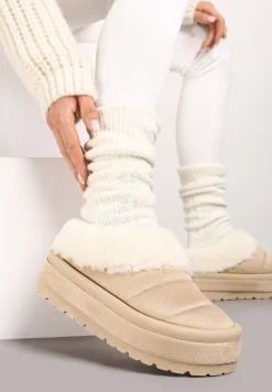 Beżowe Wsuwane Śniegowce na Platformie Ozdobione Futerkiem Sinthiana