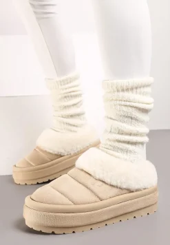 Beżowe Wsuwane Śniegowce na Platformie Ozdobione Futerkiem Sinthiana