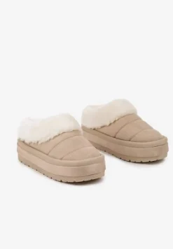 Beżowe Wsuwane Śniegowce na Platformie Ozdobione Futerkiem Sinthiana