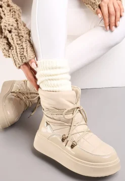 Beżowe Wsuwane Śniegowce Ocieplone z Ozdobnym Wiązaniem Wokół Cholewki na Platformie Bebrra