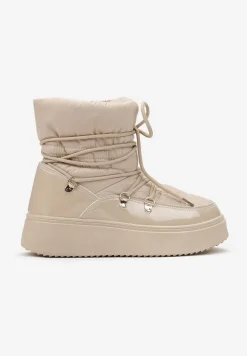 Beżowe Wsuwane Śniegowce Ocieplone z Ozdobnym Wiązaniem Wokół Cholewki na Platformie Bebrra
