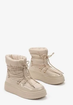 Beżowe Wsuwane Śniegowce Ocieplone z Ozdobnym Wiązaniem Wokół Cholewki na Platformie Bebrra
