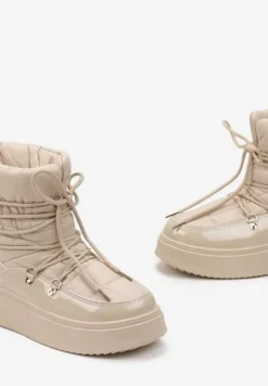 Beżowe Wsuwane Śniegowce Ocieplone z Ozdobnym Wiązaniem Wokół Cholewki na Platformie Bebrra